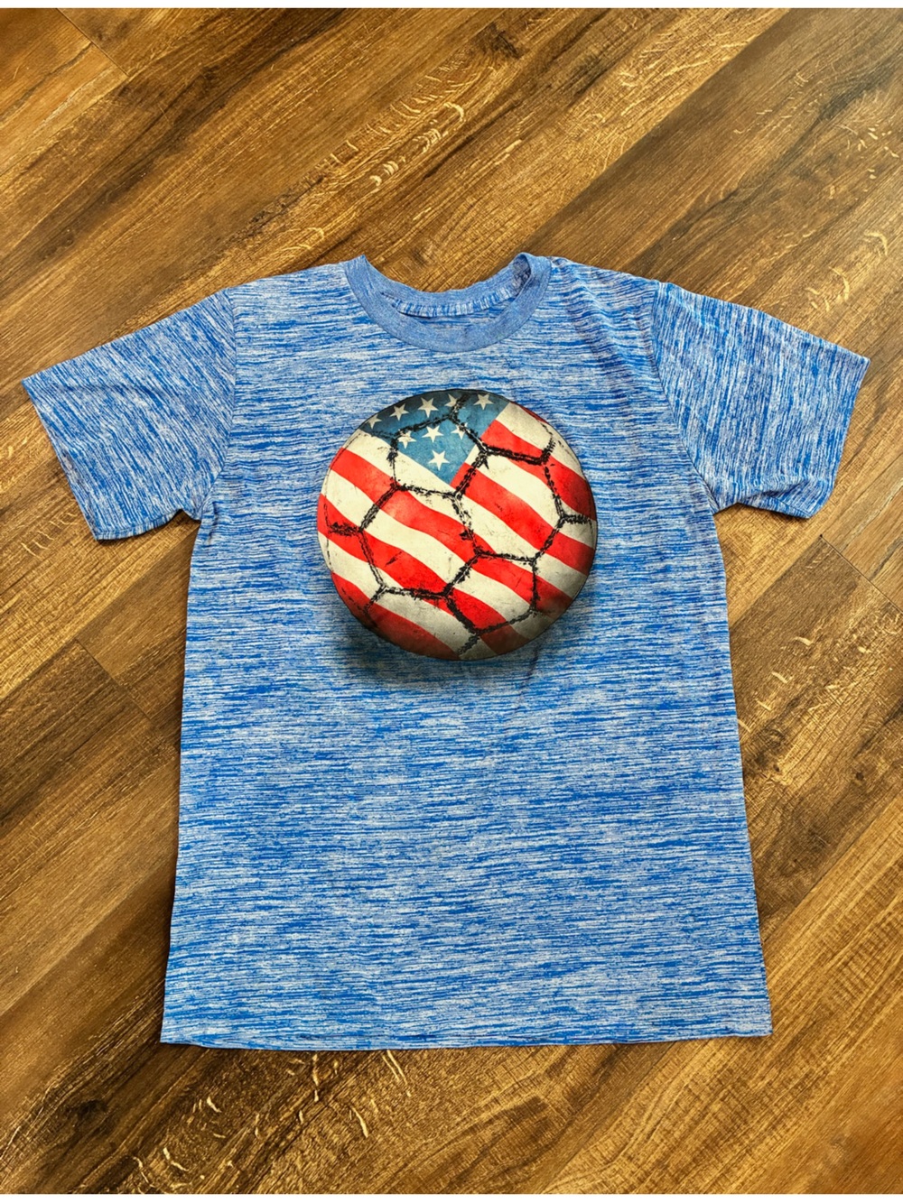 Tek Gear Blue Heather Drifit Tee with American Flag Soccer Ball